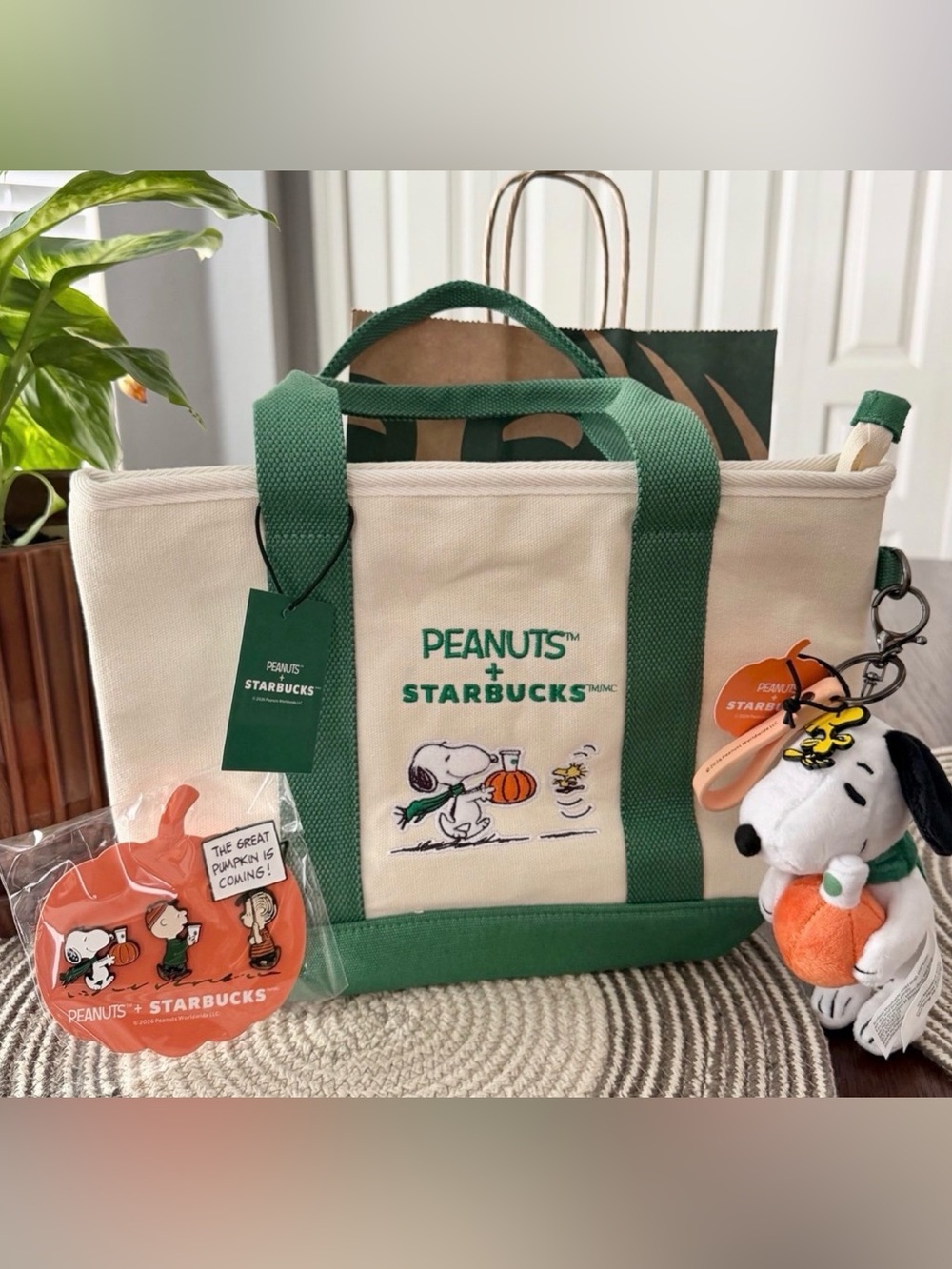 starbucks x peanuts bundle of 3 tote bag keychain and pumpkin pin